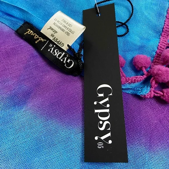 NWT Gypsy 05 Sand Purple & Blue Tie Dye Scarf with PomPoms - Picture 5 of 5